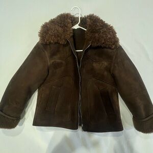 MANGO Brown Shearling Jacket with Fur Collar